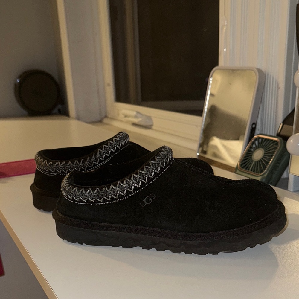 UGG Black Suede Clogs with Patterned Trim